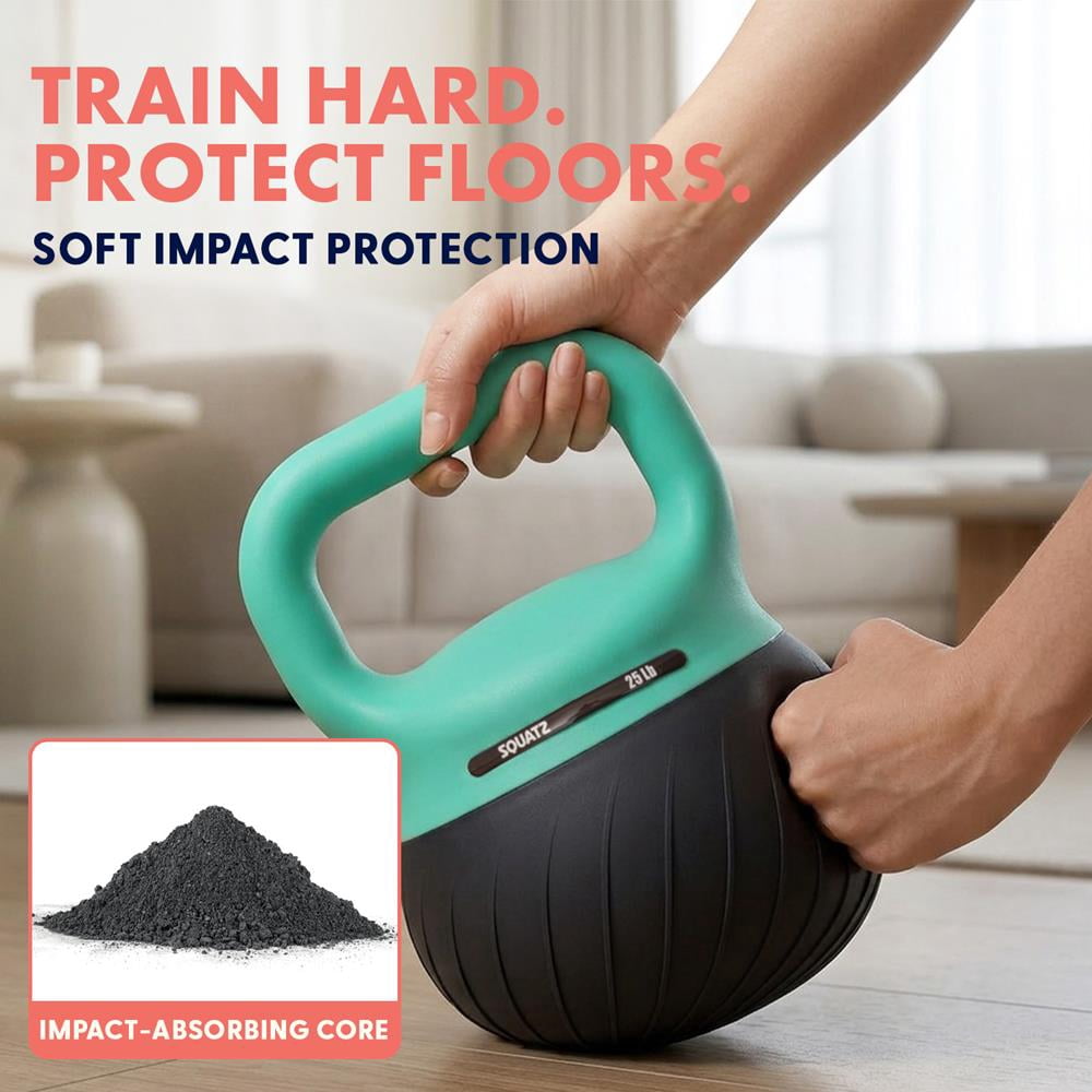Squatz Soft Drop Kettlebell Set – 15, 20 & 25 lb Weights with Cushioned Base, Wide Grip Handle, Floor-Safe Design for Strength Training & Full Body Home Workouts