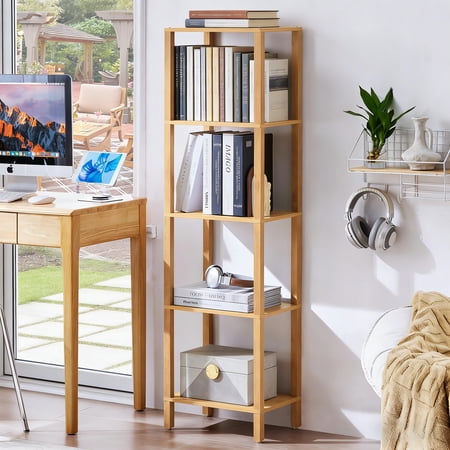 LELELINKY 5-Tier Tall Wooden Bookshelf with Storage Industrial Modern Bookcase for Small Spaces Living Room Wood
