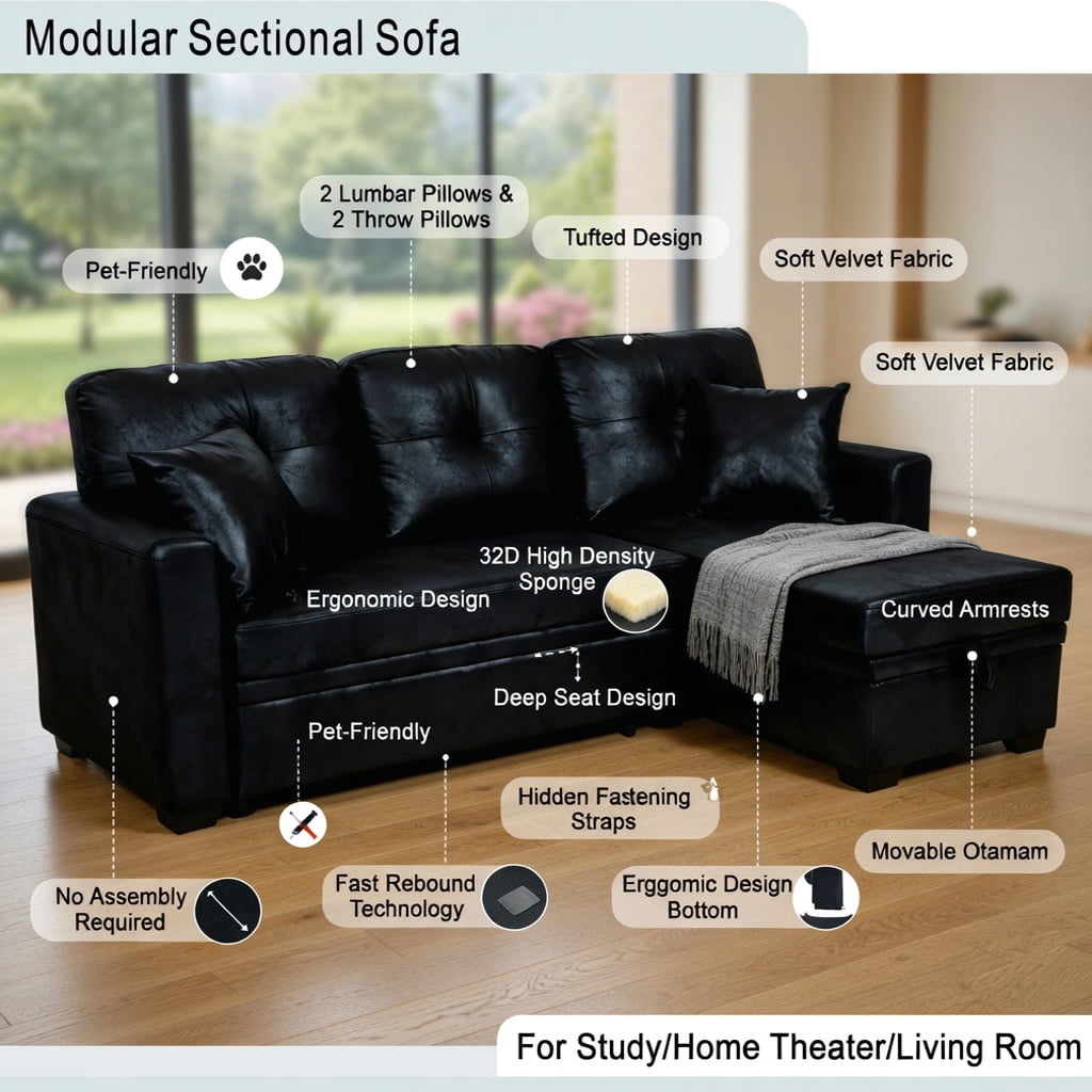 Hommoo L-Shaped Sleeper Sectional Sofa with Pull-Out Bed, Reversible Chaise & Hidden Storage, Contemporary Convertible Living Room Furniture for Small Spaces, Black