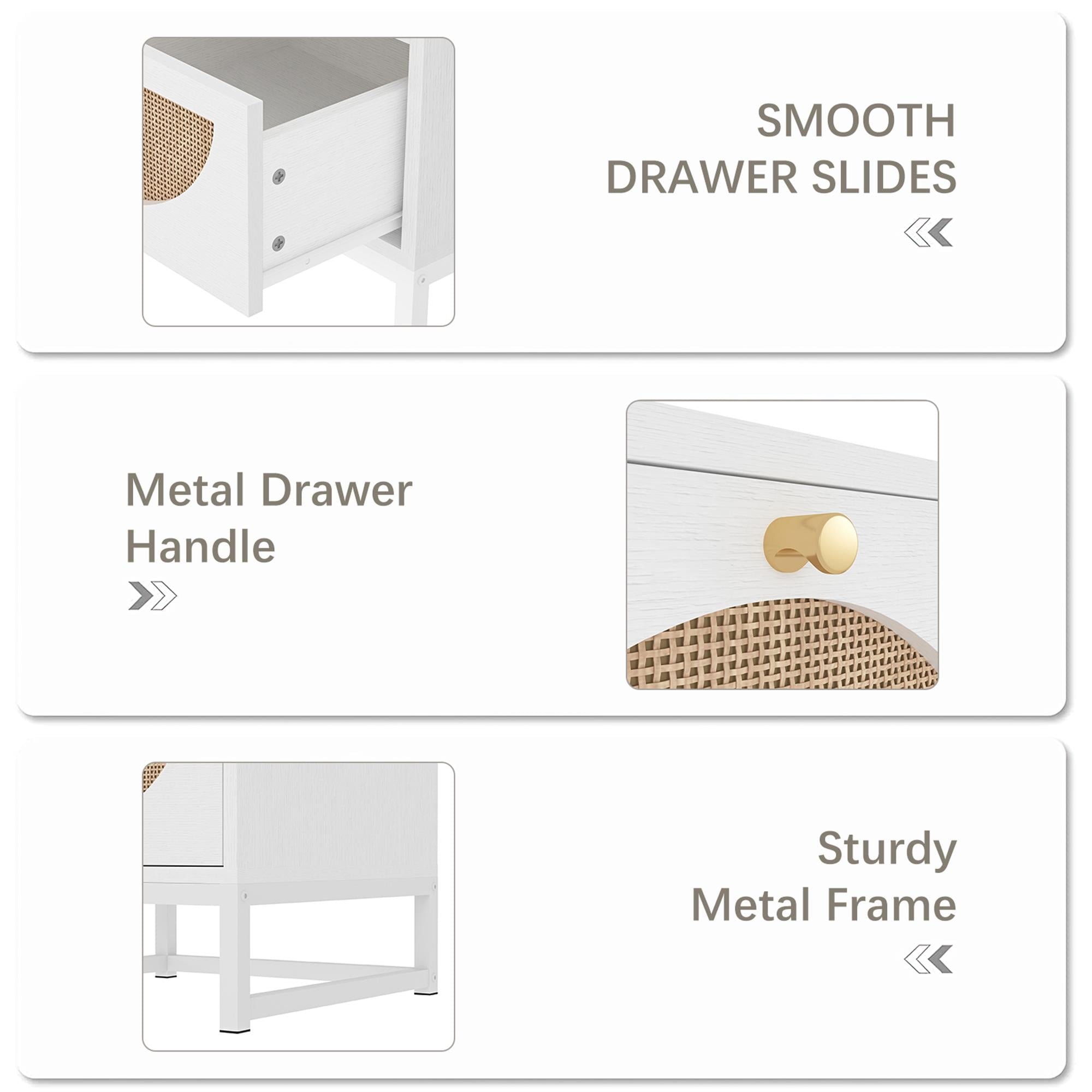 Finihen Rattan Nightstand Set of 2, Modern Boho Farmhouse Wood Bedside Table with 2 Drawer, Metal Frame Side End Table for Bedroom, Living Room, Office, White Finihen Rattan Nightstand Set of 2, Modern Boho Farmhouse Wood Bedside Table with 2 Drawer, Metal Frame Side End Table for Bedroom, Living Room, Office, White
