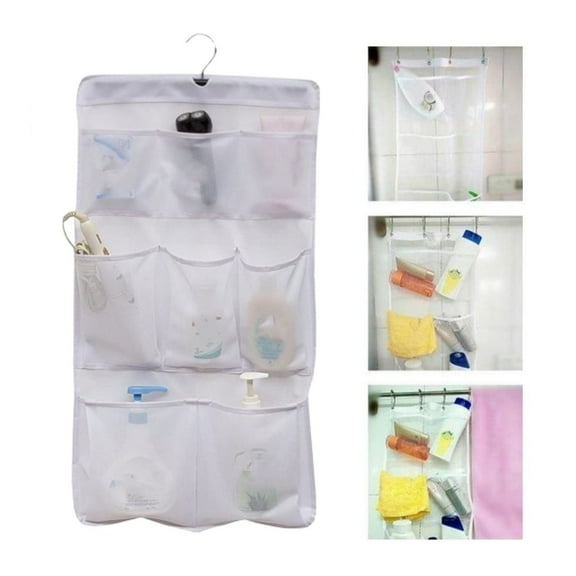 Mesh Bath Organizers for Shower with Hook, Quick Dry Hanging Shower Caddy College, Bath Storage with 8 Pockets and Rotating Hook for College Dorm Rooms, Bathroom,White