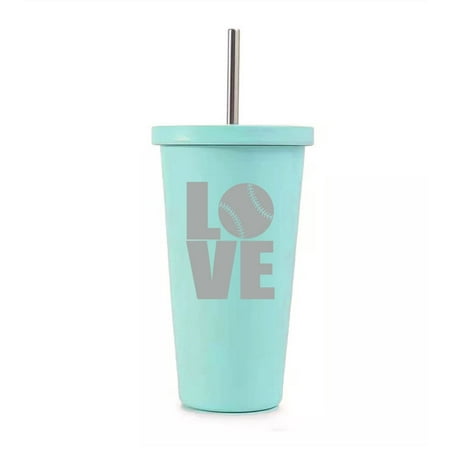 

16 oz Stainless Steel Double Wall Insulated Tumbler Pool Beach Cup Travel Mug With Straw LOVE Baseball Softball (Teal)