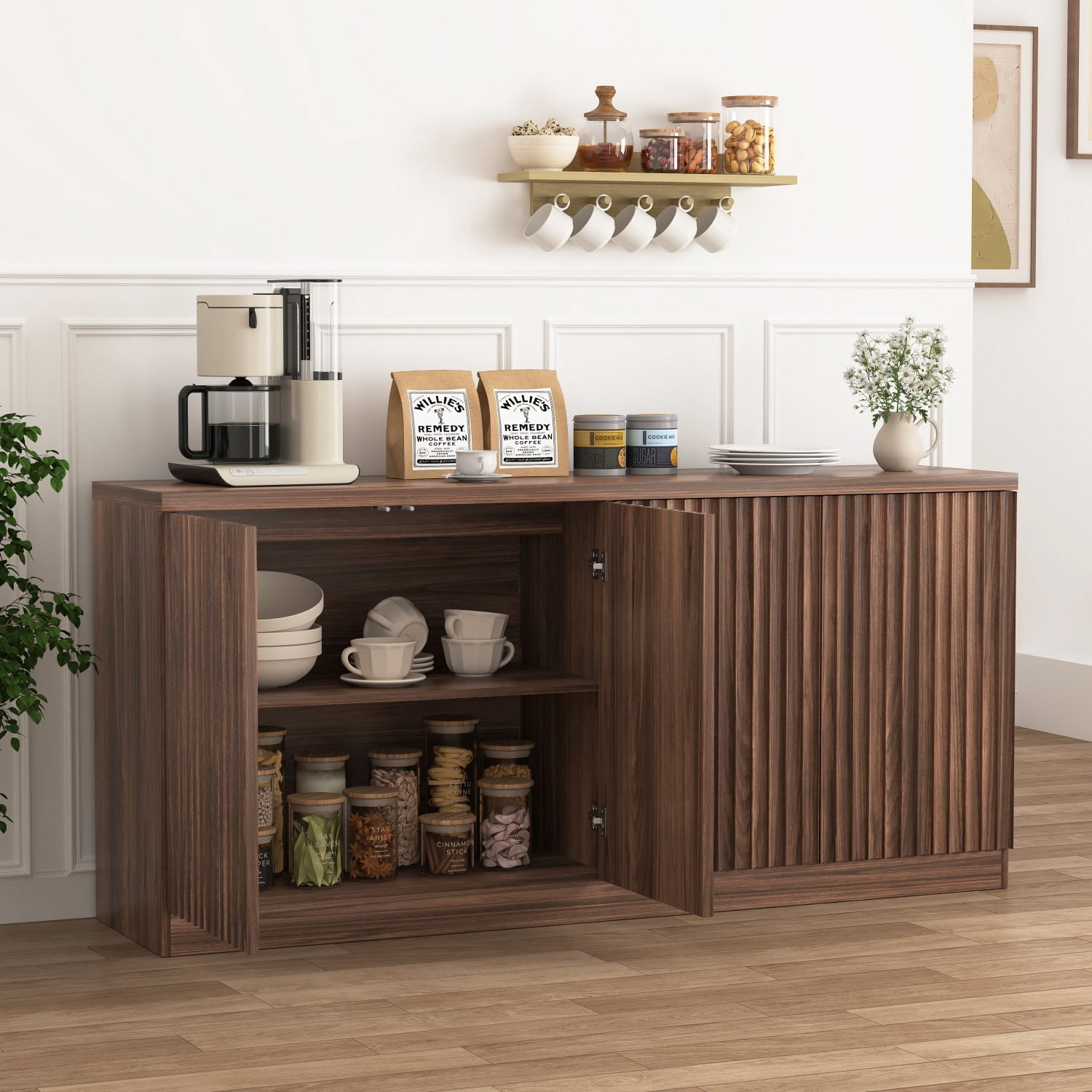 62.6" Buffet Cabinet with Storage, 4 Door Sideboard Cabinet with Shelves, Wooden Coffee Bar Cabinet Credenza Console Table for Kitchen Dining Room Living Room, Walnut
