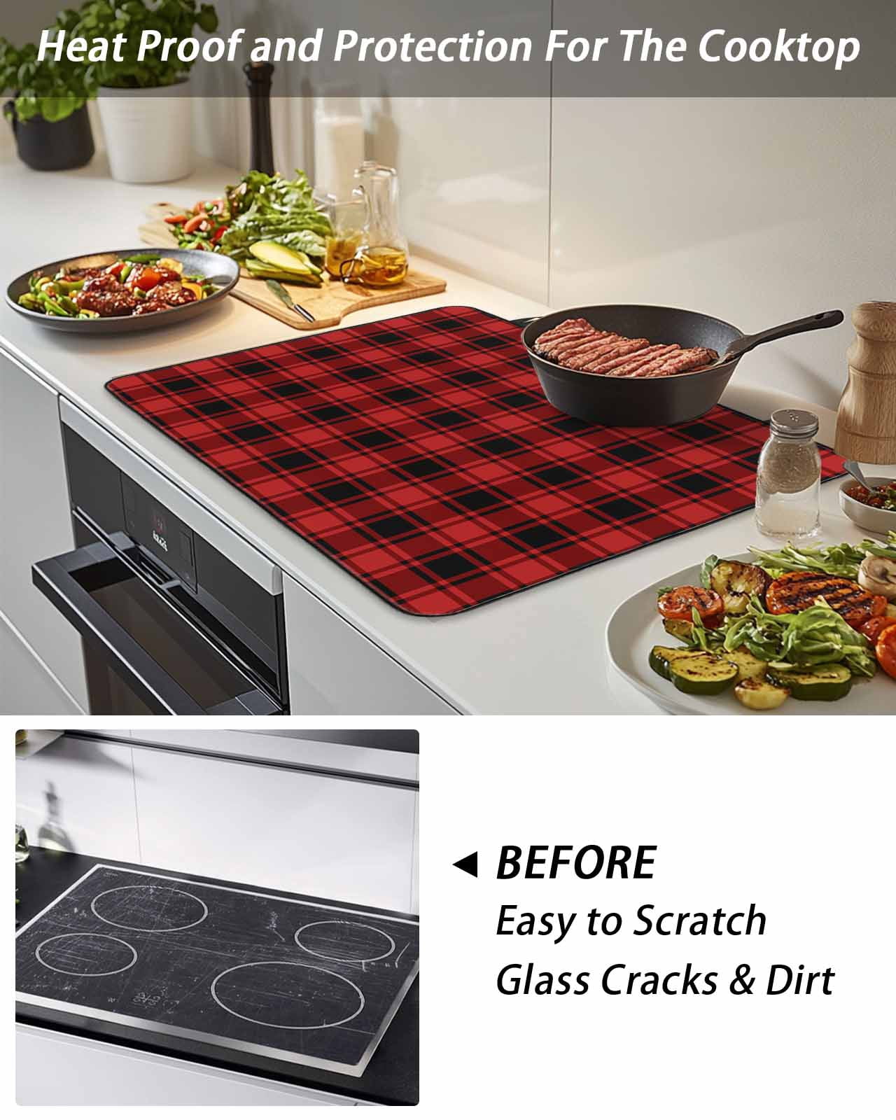 Stove Top Covers for Electric Stove, Red Black Plaid Glass Stovetop Cover Protector, Vintage Farmhouse Abstract Buffalo Check Induction Cooktop Protector Oven Mat for Kitchen Countertop 24"x21"