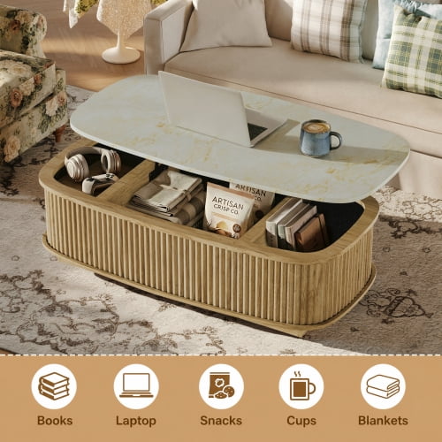47.2" Oval Fluted Lift Top Coffee Table, Gas Spring Lift Tabletop Dining Table with Hidden Compartment & Open Storage Shelf, for Living Room, Home Office, Oak