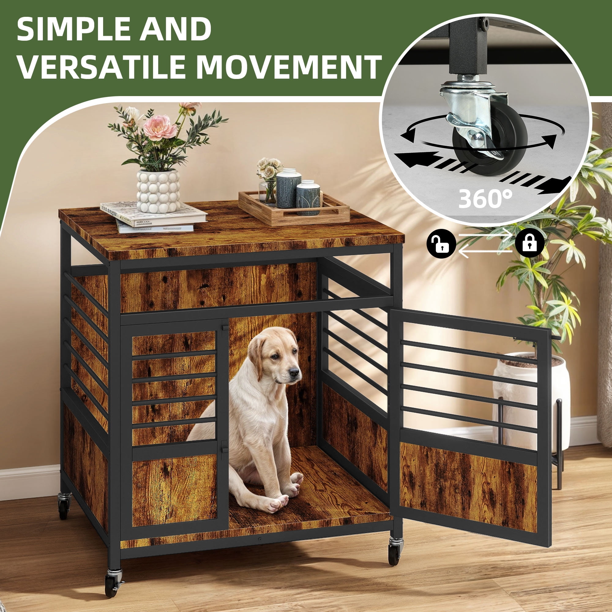 Uforic 24 Inch Dog Crate Furniture with Wheels,Wooden Dog Kennel for Dogs - Rustic Brown