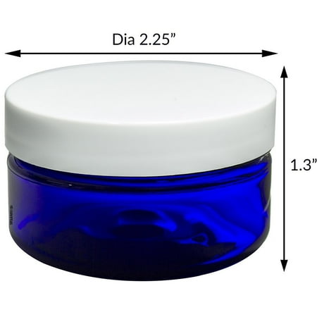 2 Piece Jar - Cobalt Blue PET Plastic Heavy Thick Wall Jar 6 piece Combo Set - 2 oz and 4 oz (3 of each size) with White Foam Lined Lids + Spatulas and Labels
