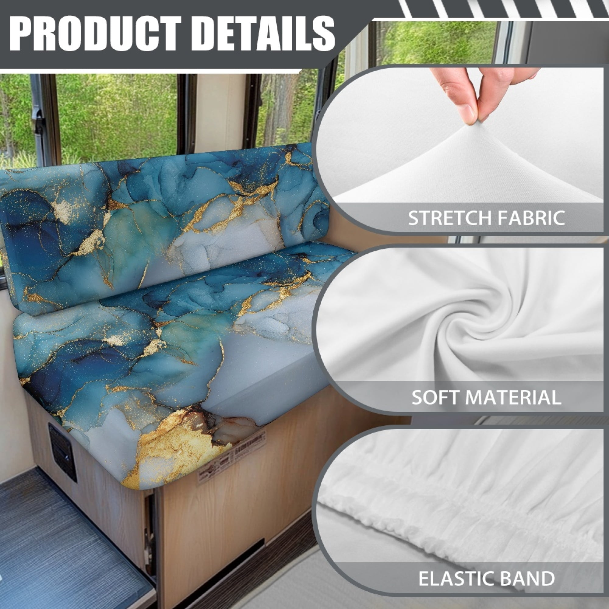 FOR U DESIGNS Blue Gold Marble Pattern 2 Pcs RV Dinette Cushion Covers Replacement RV Dinette Booth Seats Cover Elastic Sofa Chair Cover Furniture Protector for RV Camper Car Bench