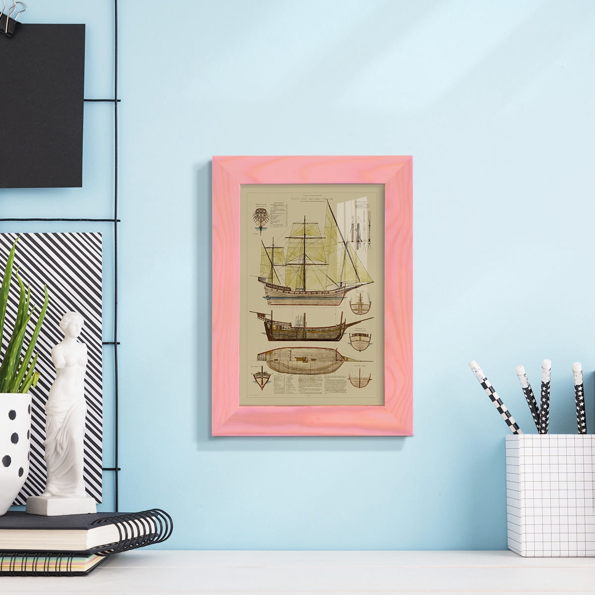 Antique Ship Plan II -Framed Print w/glass-Sunset Pink