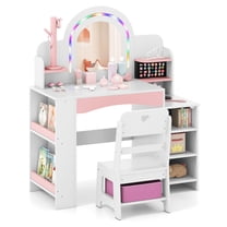 Gymax Kids Vanity Desk w/Mirror & Lights Princess Pretend Play Makeup Table White