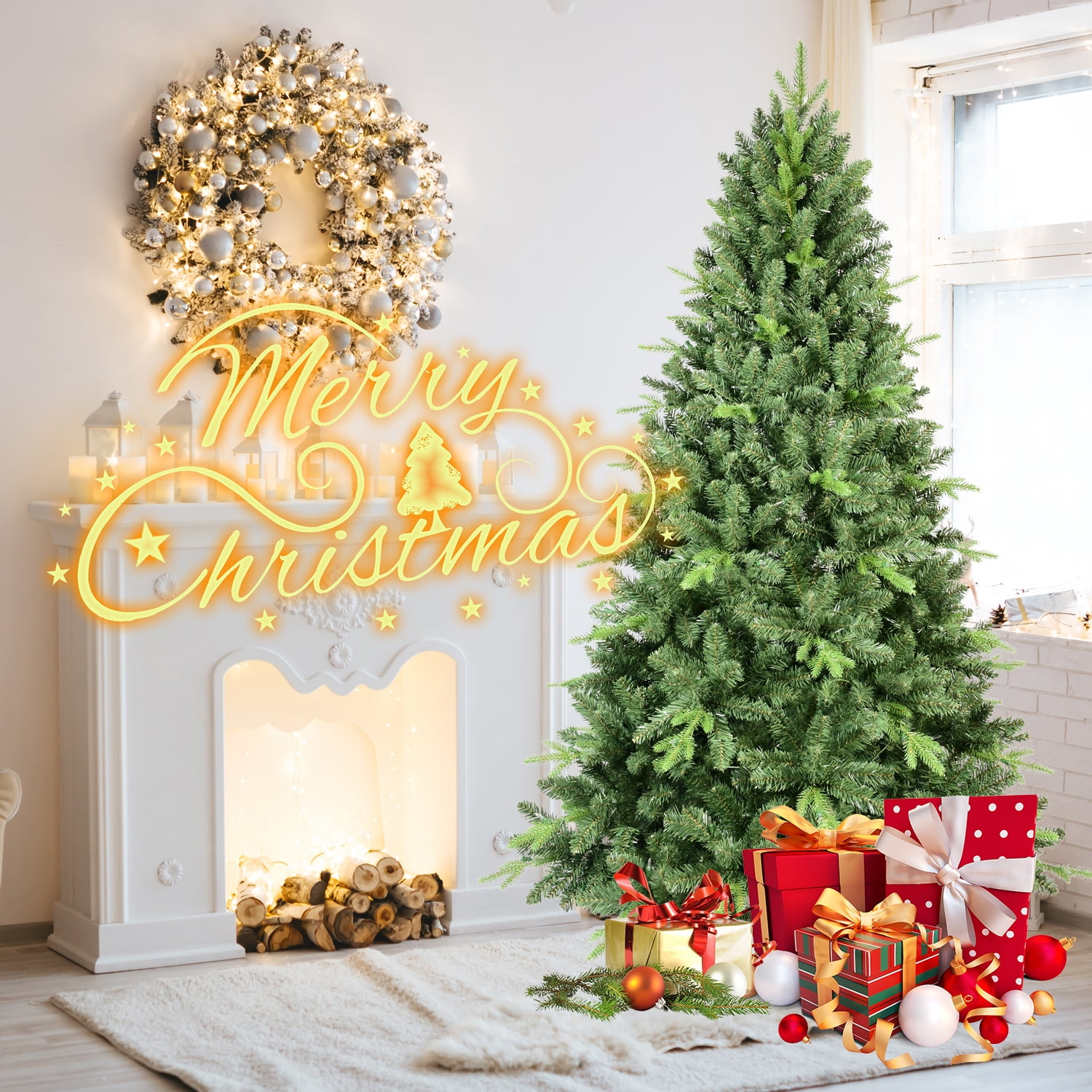 Resenkos 7ft Hinged Artificial Christmas Tree with Memory Wire Branches & Foldable Stand, Green