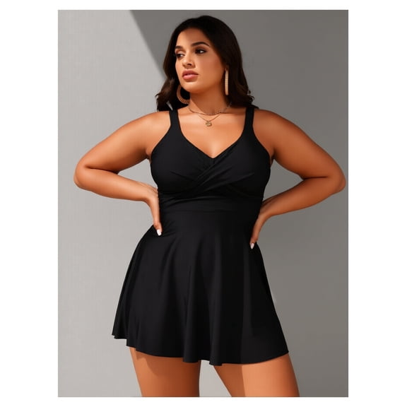 Plus Size Twist Front One Piece Swim Dress, Tummy Control Bathing Suit for Curvy Women
