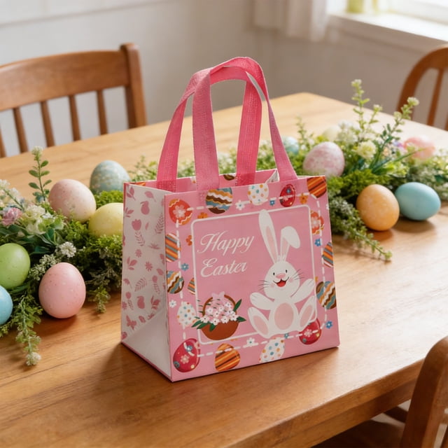 Uuiauoio 1 Piece Easter Gift Bags Bulk Reusable Cute Easter Tote Bags with Handles Bunny Eggs Non Woven Holiday Goodie Basket for Egg Hunt Game Party Favors, 8.27×7.87×5.91 Inch