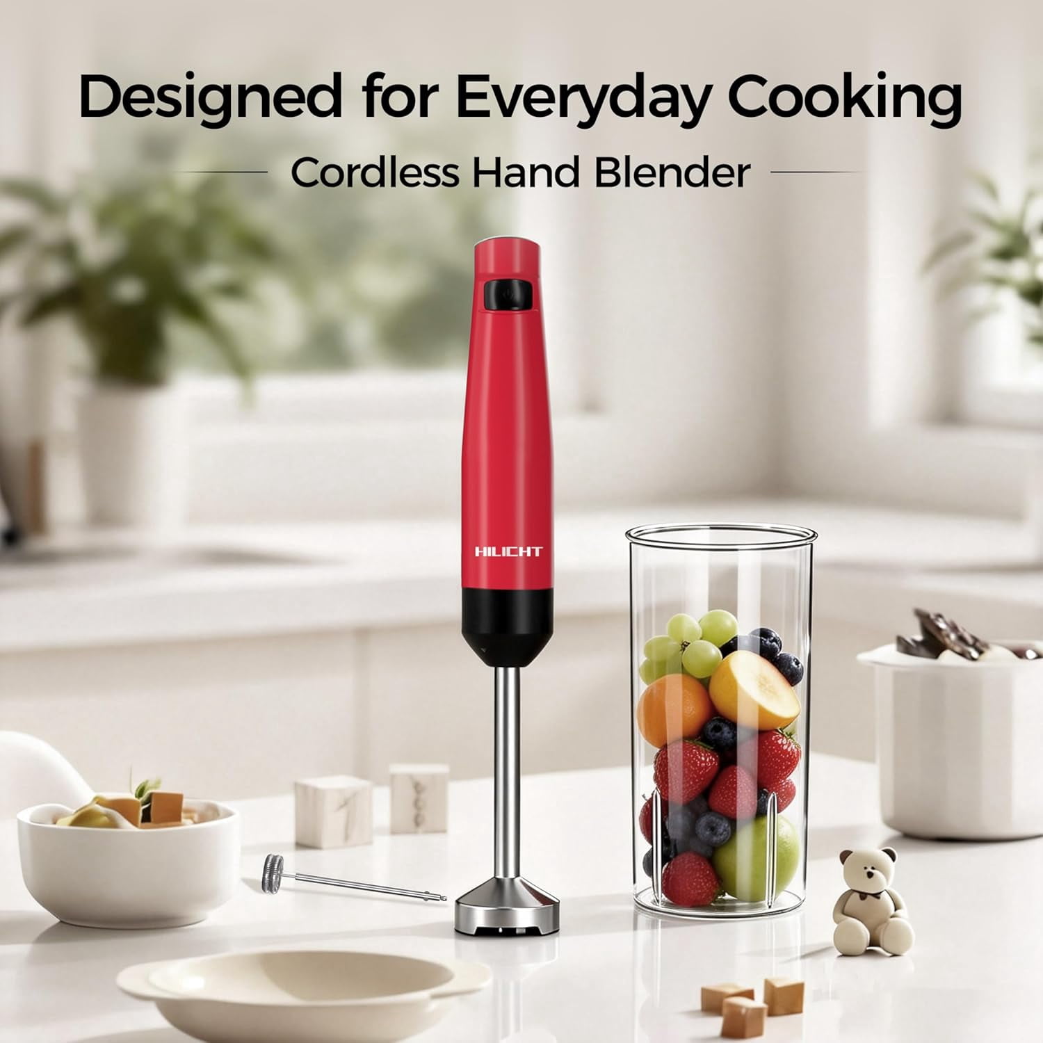 Cordless Hand Blender, 12V Rechargeable Immersion Blender with 60+ Bowl Battery Life, 4-Point Stainless Steel Blade, Variable Speed & Egg Whisk - for Soups, Smoothies, Baby Food
