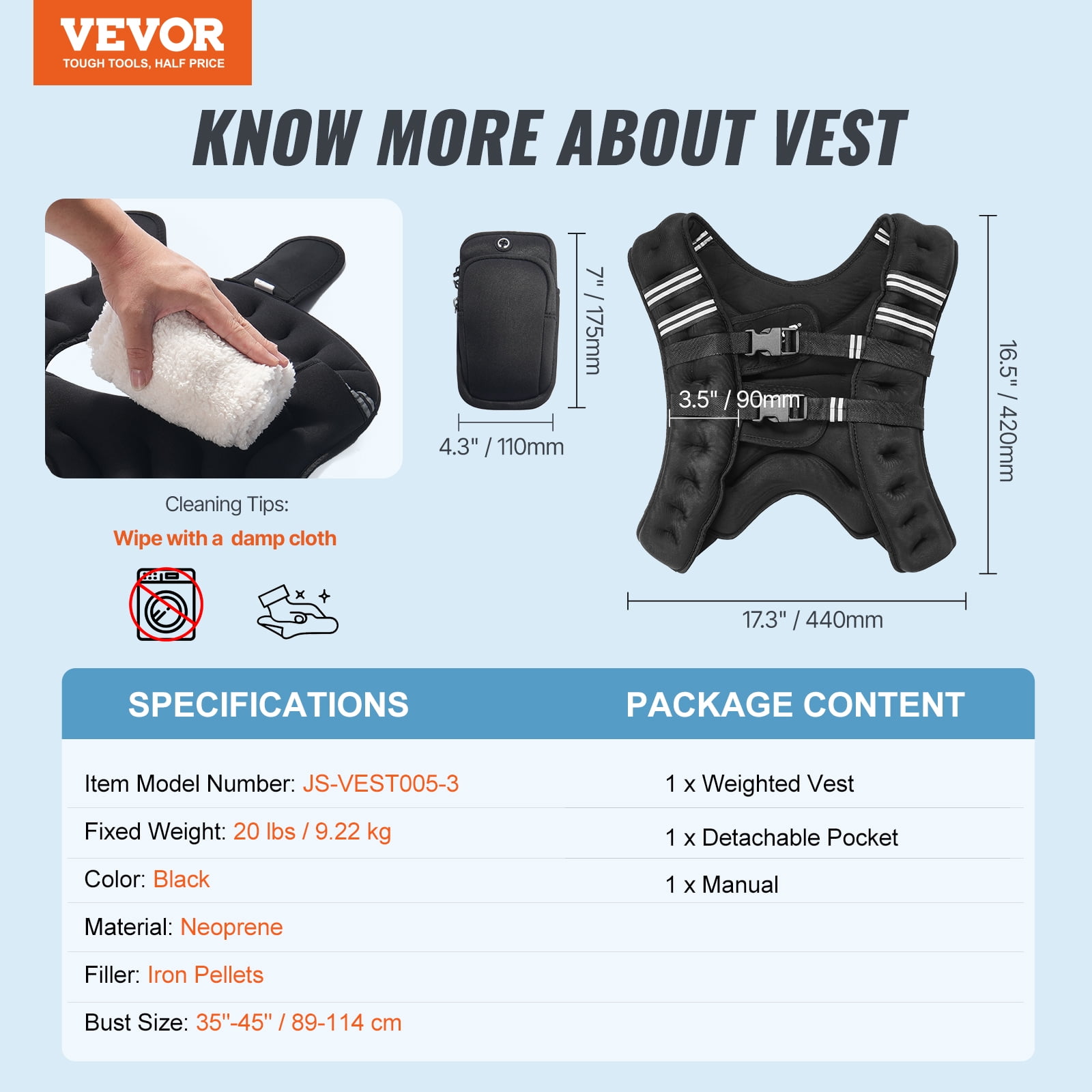 VEVOR Weighted Vest, 20 lbs Weight Vest with Reflective Stripe, Adjustable Buckle Body Weight Vest for Men Women, Workout Equipment for Strength Training, Running, Jogging, Fitness