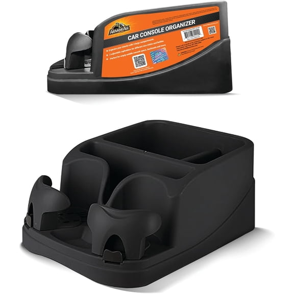 Armor All Car Console Organizer, Car Seat Organizer with 2 Adjustable Cup Holders, 3 Large Storage Compartments, Seatbelt for Secure Hold, Vehicle Middle Seat Organizer for Cars, Trucks, Minivans