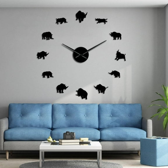 Rhinoceros African Safari Nursery Giant DIY Wall Clocks Wildlife Animal Rhinos Wall Art Decor Frameless Wall Watch Time Clock(Black,27inch)