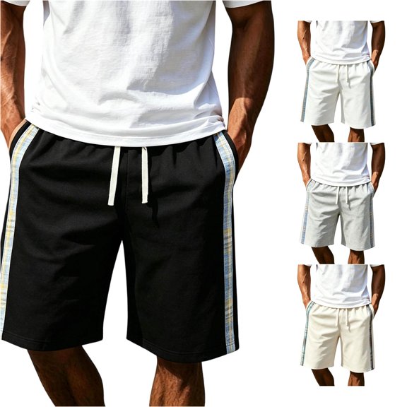 FINALGANG Mens Elastic Drawstring Plaid Side Stripe Knit Casual Shorts Summer Daily Regular Fit Breathable Side Pocket Walking Sport Bottoms For Men Black XL