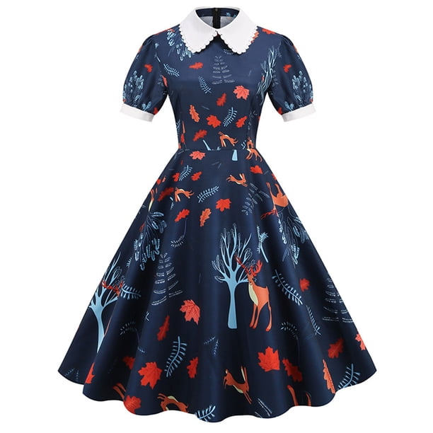 ICHUANYI Clearance Women Printing Short Sleeve Puff Sleeves Lace Zipper Dress A-Line Skirt(Navy, XXL) ICHUANYI WER2023081106627