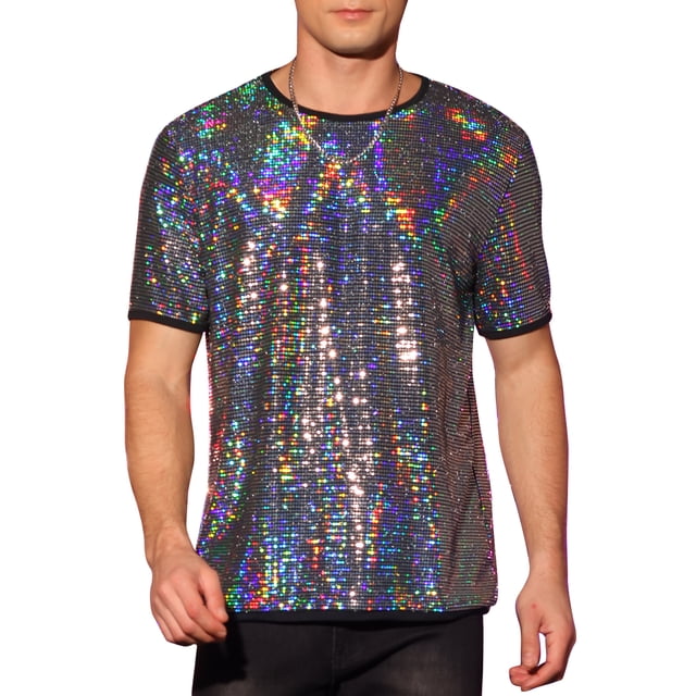 CAMISETAS PARA HOMBRES INSPIRE CHIC con Lentejuelas de Manga Corta Cuello Redondo para Fiesta Nocturna XL Plateado