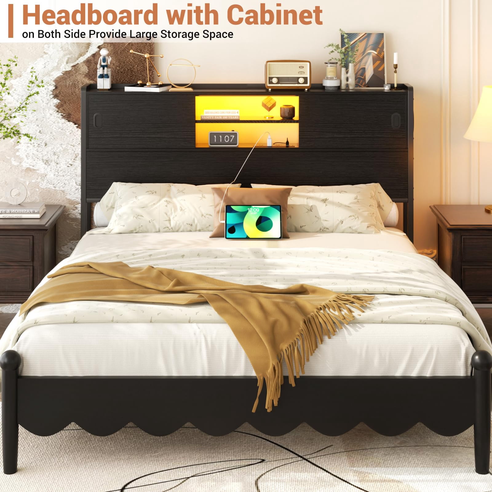 Homieasy Queen Size Storage Headboard with Charging Station, LED Light & Sliding Doors - Sturdy Bookcase Headboard with Bed Adapter for Bedroom, Black