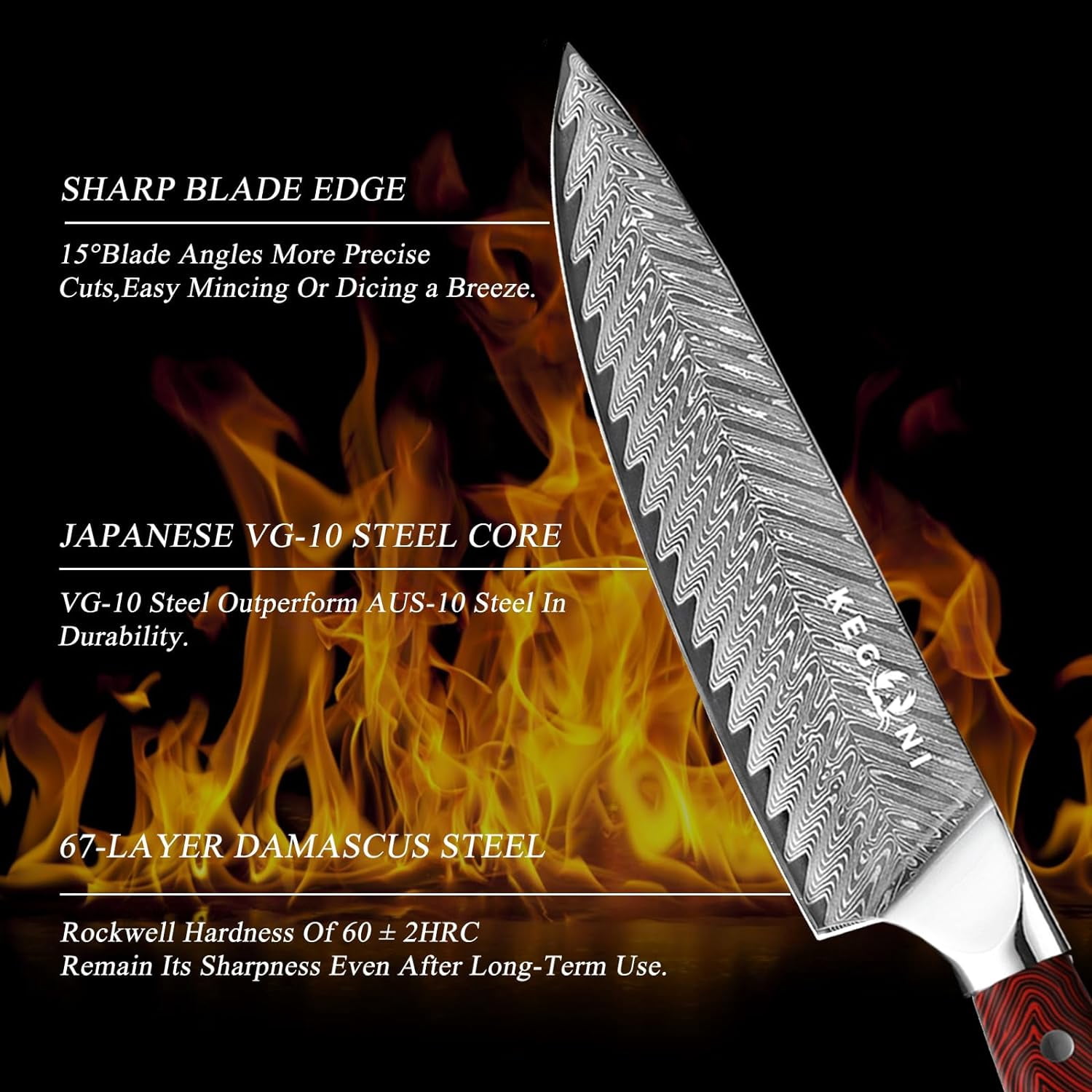 Kegani Chef's Knife - 8 Inch Professional Chef Kinfe - 67 Layers VG-10 Japanese Damascus Super Steel Ultra Sharp Kitchen Knife - Ergonomic Handle, Gift Box - Flame Knight Series