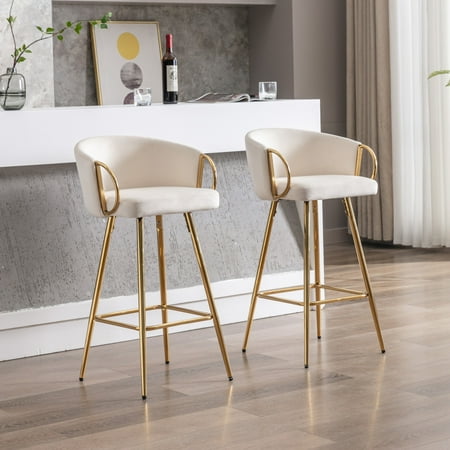Bar Stools Set of 2 26 Inch Counter Height Bar Stools with Base Velvet Chrome Footrest+Golden Leg Counter Stools Kitchen Stools Modern Kitchen Bar Stools CREAM