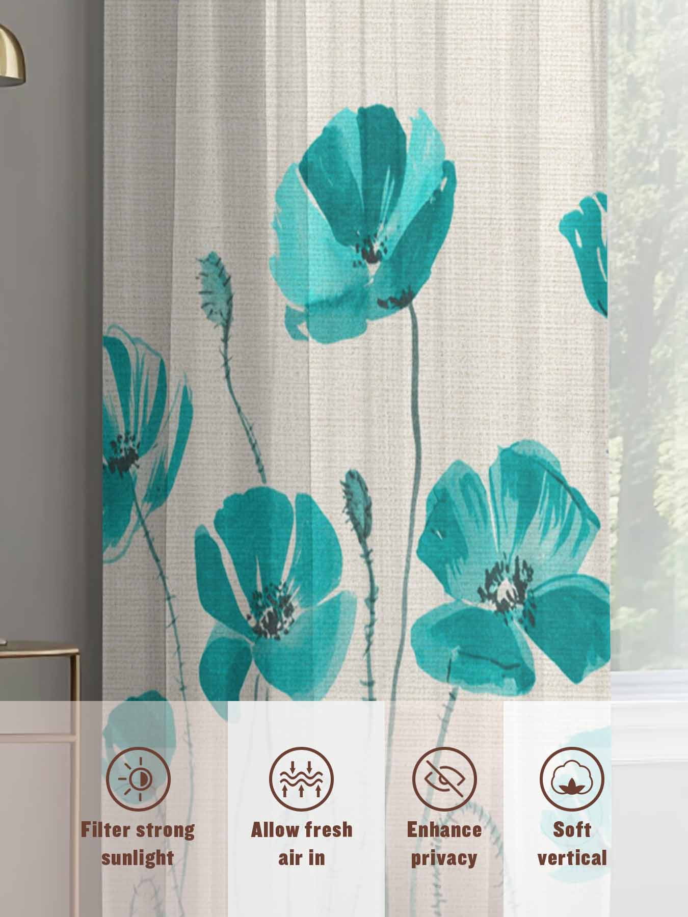 Teal Floral Sheer Curtains 2 Panels Set Watercolor Autumn Turquoise Wildflowers Plant Linen Texture Sheer Window Curtains Light Filtering Rod Pocket Voile Drapes for Bedroom Living Room 52"X108"