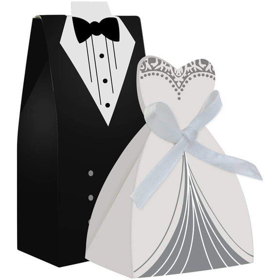 100pcs Party Wedding Favor Dress & Tuxedo Bride and Wholesale Candy Favor Box, Creative Dress Gift Box Bow-knot Bonbonniere for Christmas Wedding Party Birthday Bridal Shower Decoration