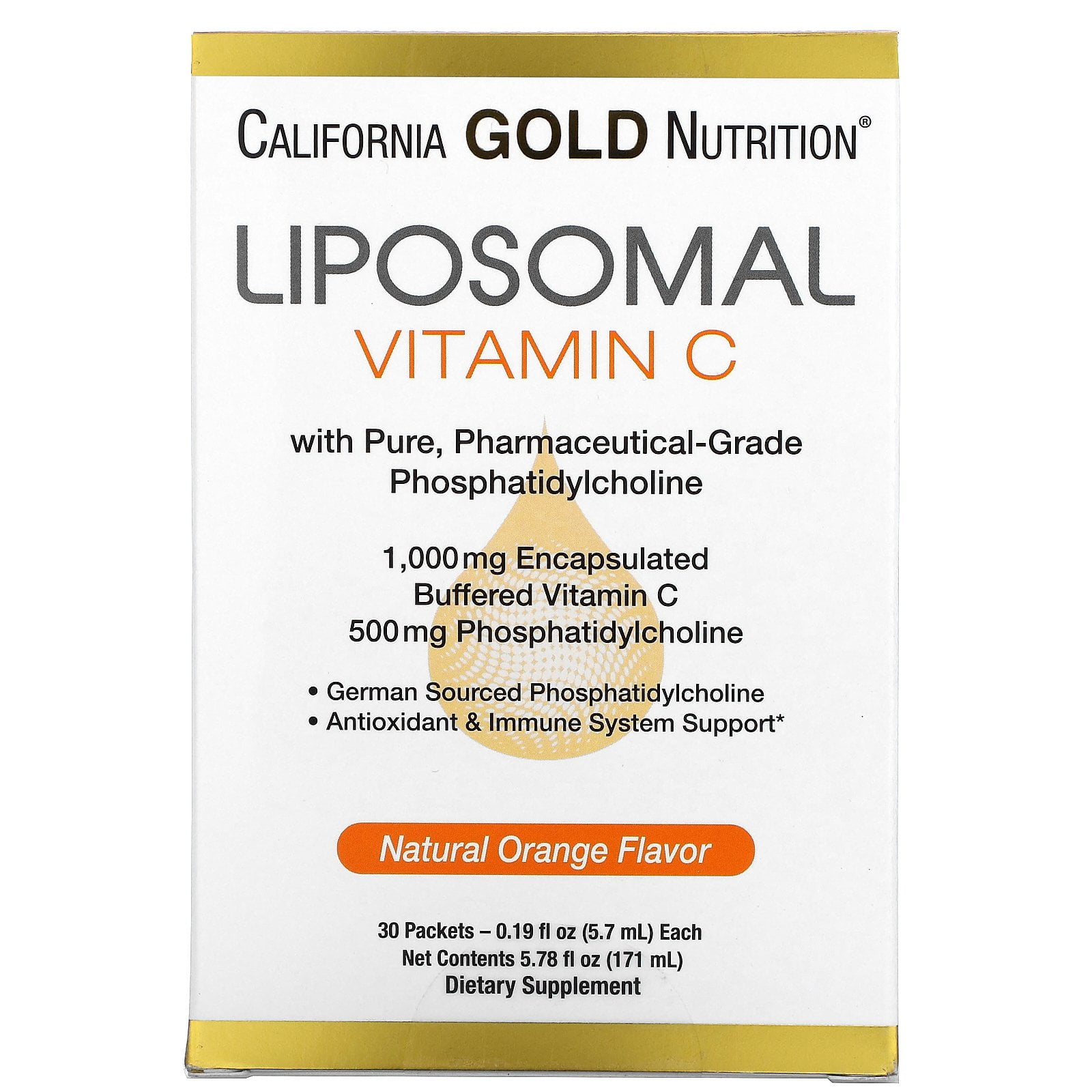 Liposomal Vitamin C in Bioavailable Liposome Form, Pharmaceutical Grade Phosphatidylcholine, Natural Orange Flavor, 1000 mg, 30 Single Serving Packets, 0.2 oz (5.7 ml) Each