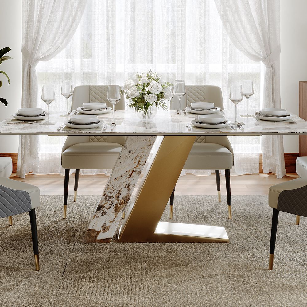 POVISON-71"Modern Luxury Gold Rectangular Dining Table for 4-6, Glossy Sintered Stone Tabletop, White and Gold Z-shaped Stainless Steel Base