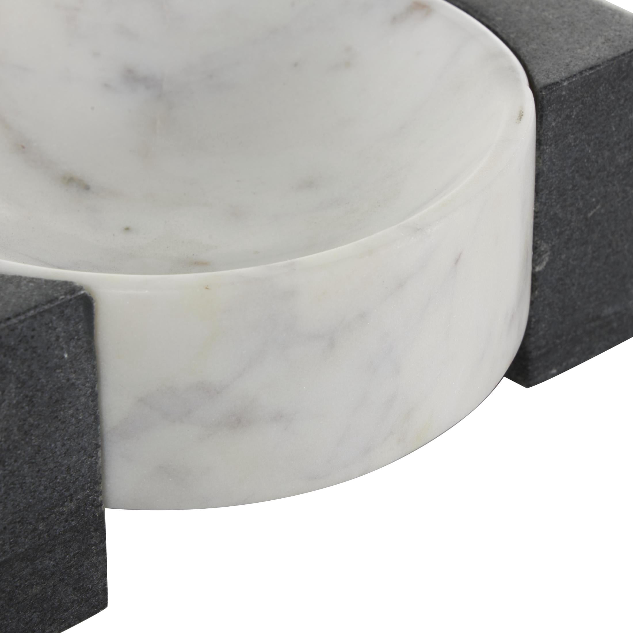 DecMode 8" x 6" White Marble Round Geometric Tray with Black Rectangular Blocks, 1-Piece