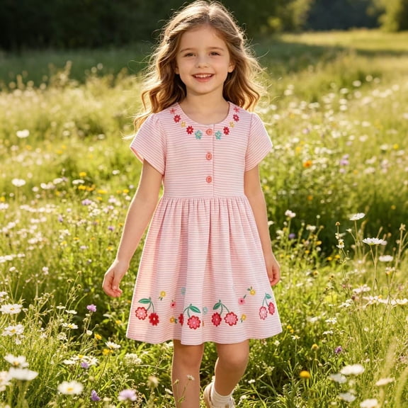 Trendfront Girls Floral Embroidery Dresses Crewneck Short Sleeve A Line Dress Flower Print Casual Spring Outfit Everyday Dresses