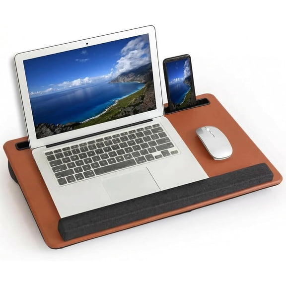 Lap Desk Home Office Lap Desk Portable Laptop Desk for Left Right - Handers with Whole Mouse Pad Wrist Pad Dual Cushion Phone Tablet Slots Fits Up to 17 Inch Laptops