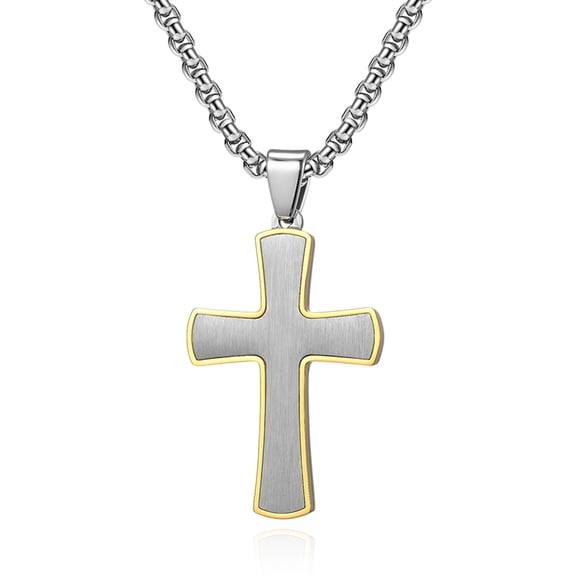 Metal Masters Mens Stainless Steel Cross Pendant Gold Silvertone 24" Round Box Chain Necklace
