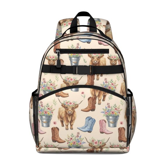 Highland Cow and Boot Print Cute School Backpack Bag for School with Padded Back and Adjustable Shoulder Straps 15.25"x11.5"x5.25"