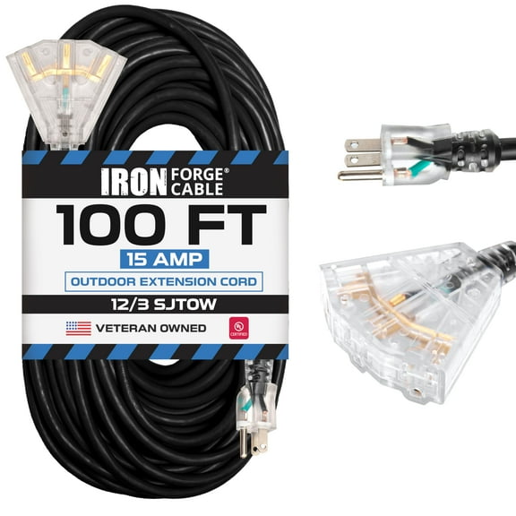 Iron Forge Cable 12 Gauge Extension Cord with Multiple Outlets - Black Heavy Duty Extension Cord 100 ft - 12/3 SJTOW, 3 Prong Lighted Outlet Cords