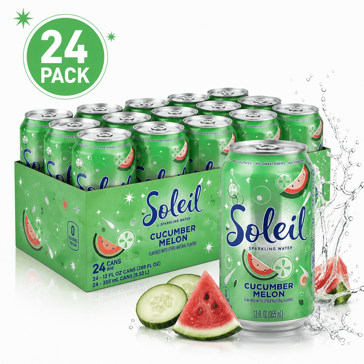 Soleil Cucumber Melon Sparkling Water 12 Fl Oz Cans 24 Pack Refreshing Beverage