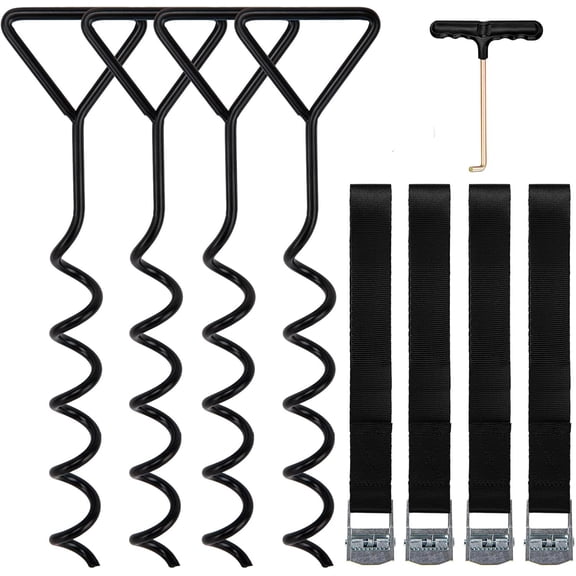 Meilimei 4-Pack Corkscrew Shape Steel Trampoline Stakes Anchors, Heavy-Duty Spiral Ground Anchors Kit with Straps, Black Galvanized Windproof Stabilizers for Trampoline, Outdoor Tent, Canopy Security