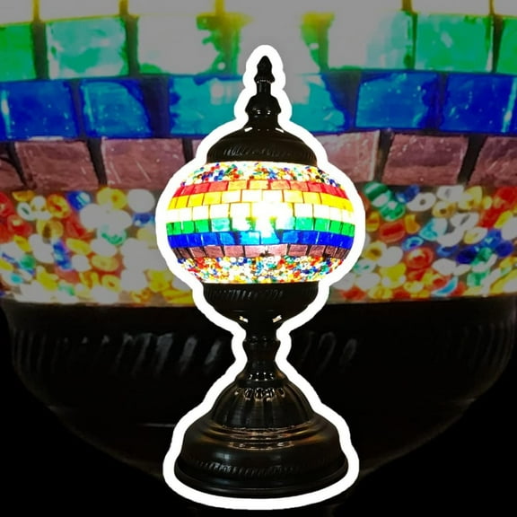 SILVERFEVER Mosaic Turkish Lamp Moroccan Glass for Table Desk Bedside Bronze Base Bundle with E12 Light Bulb-2 Sizes Rainbow Colors-5.5" D11.5" H