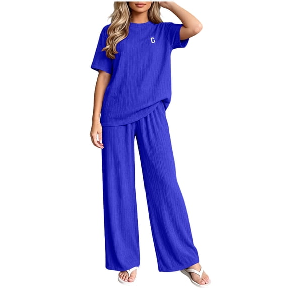 Wenini 2 Piece Set Solid Loungewear Tracksuit Pajama Set for Women Crewneck Short Sleeve Top Wide Leg Pants Summer Fall Casual Outfits