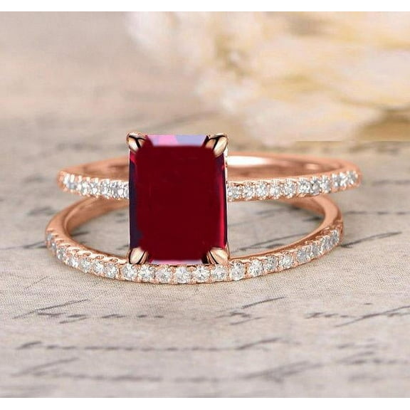 Limited Time Sale: 1.25 Carat Red Ruby (emerald cut Ruby) and Diamond Engagement Bridal Wedding Ring Set in 10k Rose Gold