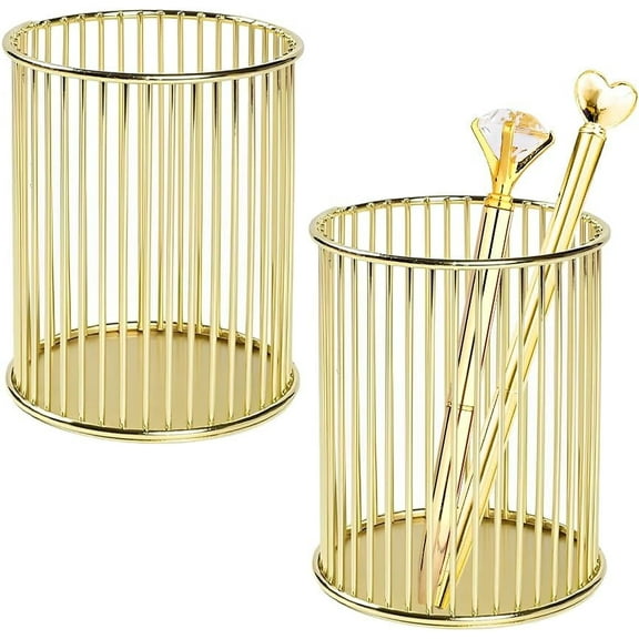 RETON 2 Pack Gold Pencil Holder, Metal Wire Pen Holder for Desk Cute, Makeup Brushes Holder, Pen Cup for with 2 Pens, Desk Organizer Gold for Home Office Supplies and Accessories