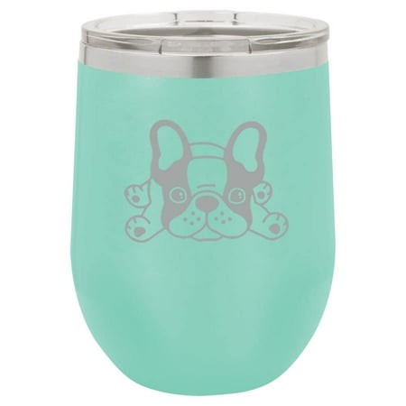 

12 oz Double Wall Vacuum Insulated Stainless Steel Stemless Wine Tumbler Glass Coffee Travel Mug With Lid French Bulldog Frenchie Puppy (Teal)
