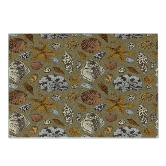 Ocean Cutting Board, Underwater Starfish Shell Mollusk Seaurchin Sea Horse Pearl Illustration, Decorative Tempered Glass Cutting and Serving Board, Small Size, Ginger Cinnamon Cocoa, by Ambesonne