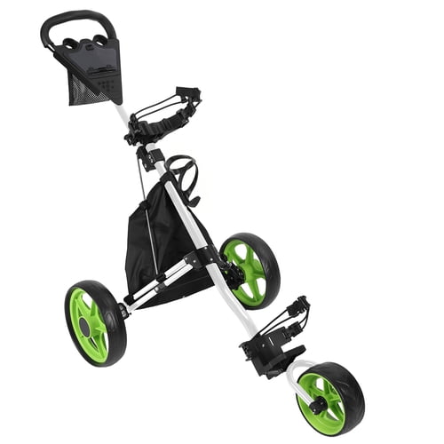 ziertyon 3 Wheel Folding Walking Golf Bag Push Cart Holder with Cup Holder,Green White