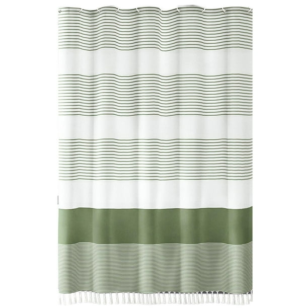 Cortina de ducha de lino sintético impermeable con ribete de borlas. Barrera antihumedad para separación de zonas húmedas y secas. Forro de ducha de tela para bañera y baño.