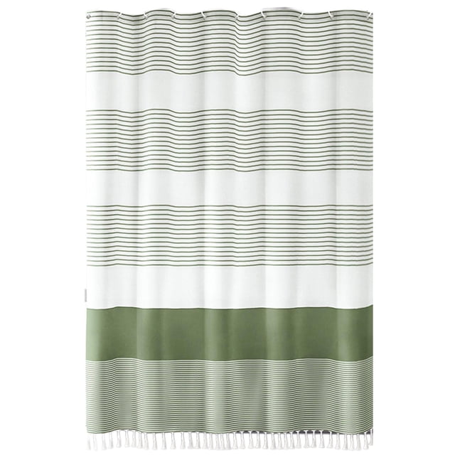 Btomtd Rideau de Douche en Faux Lin Imperméable pour la Maison avec Pompons et Empiècements, Rideaux de Salle de Bain, Vert