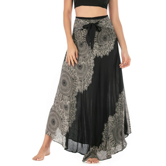 SWSMCLT Women's Handkerchief Maxi Boho Skirt Ladies Midi Summer Dress Casual Sundress Gypsy Hippie Swing Pleated Long Beach Skirts Asymmetric Flowy Billowy Patterned1 Black Small-Large