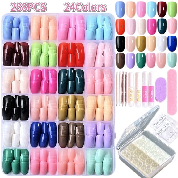 288PCS Press on Nails Short Oval, 24 Colors Solid & Glossy Fake Nails Kit with Nail Glue, Reusable False Nails for Women & Girls DIY Manicure Gift